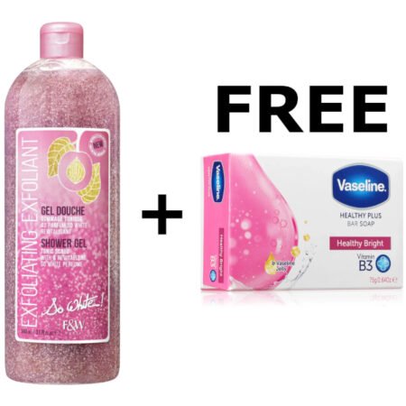 Fair & White So White! Esxfoliating Shower Gel 940ml + FREE Vaseline Healthy Bright Vitamin B3 Bar Soap 75g