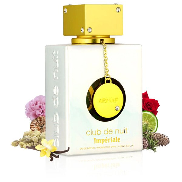 club-de-nuit-imperiale-perfume-white-bottle-surrounded-with-vanilla-and-rose-agaisnt-white-background